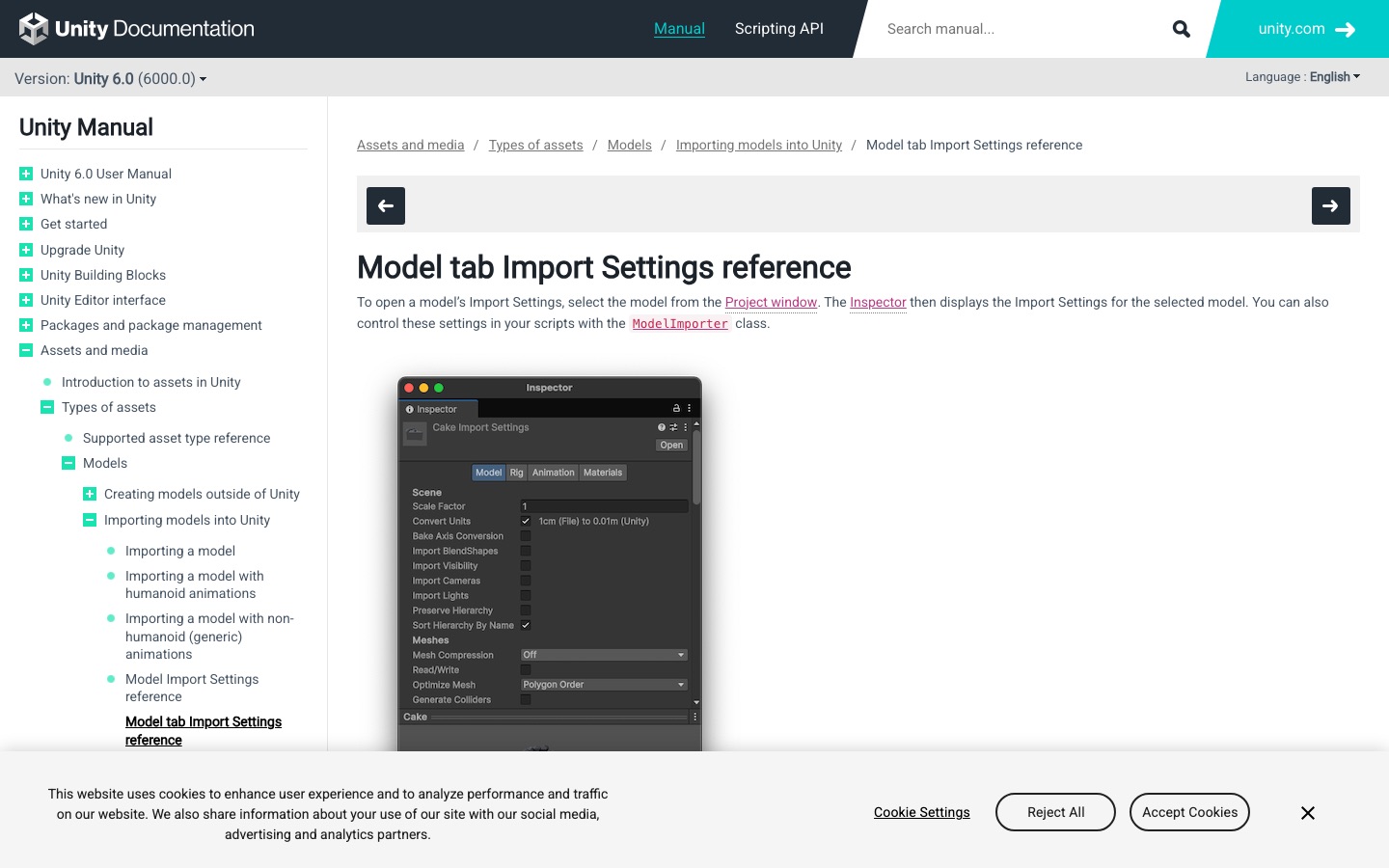 Official Unity model import settings used as a reference for 3D Structural Modeling