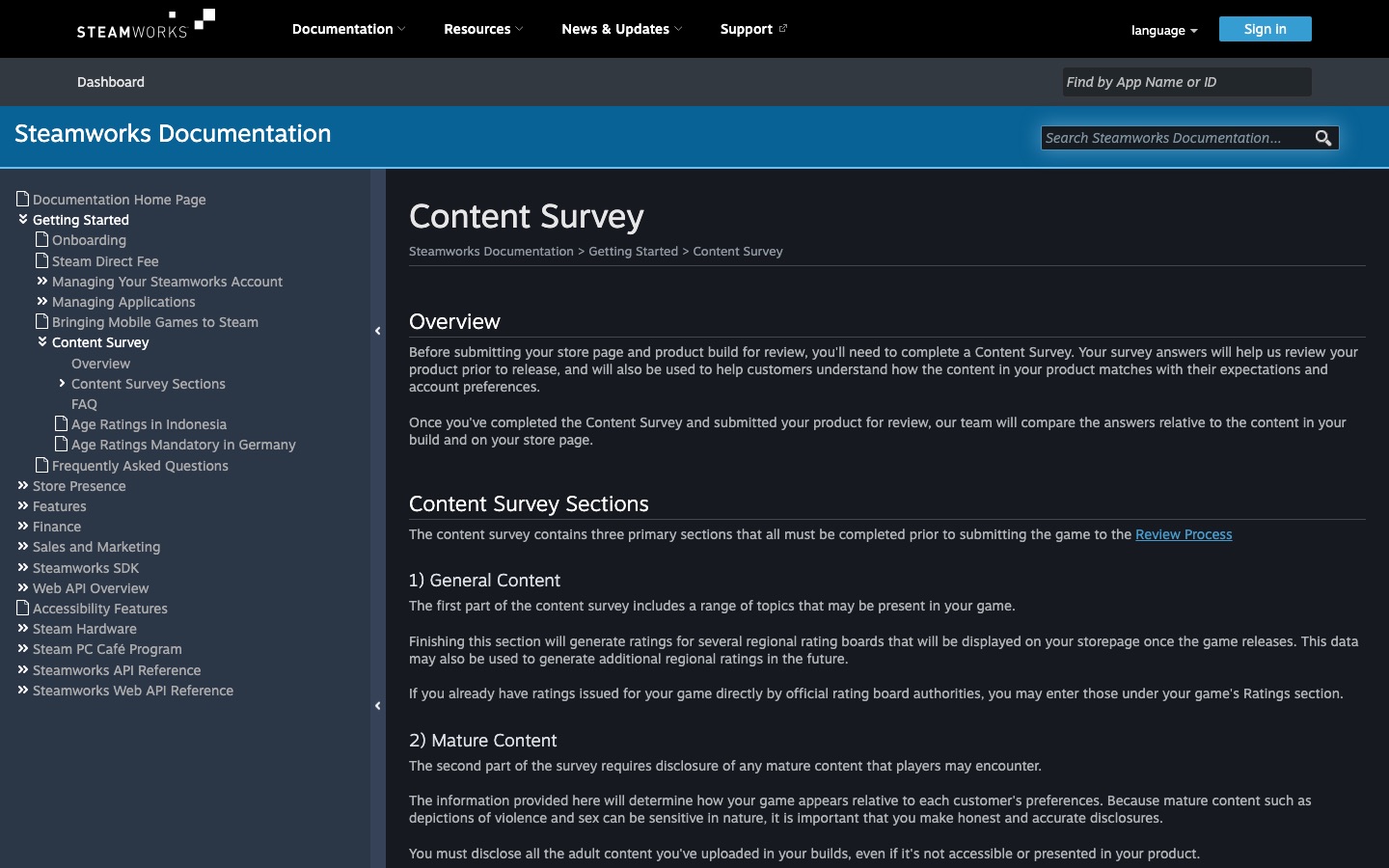 Official Steamworks content survey used as a reference for AI Game Content Disclosure