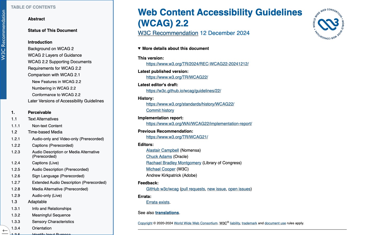 Official W3C WCAG 2.2 used as a reference for AI Game QA Checklist