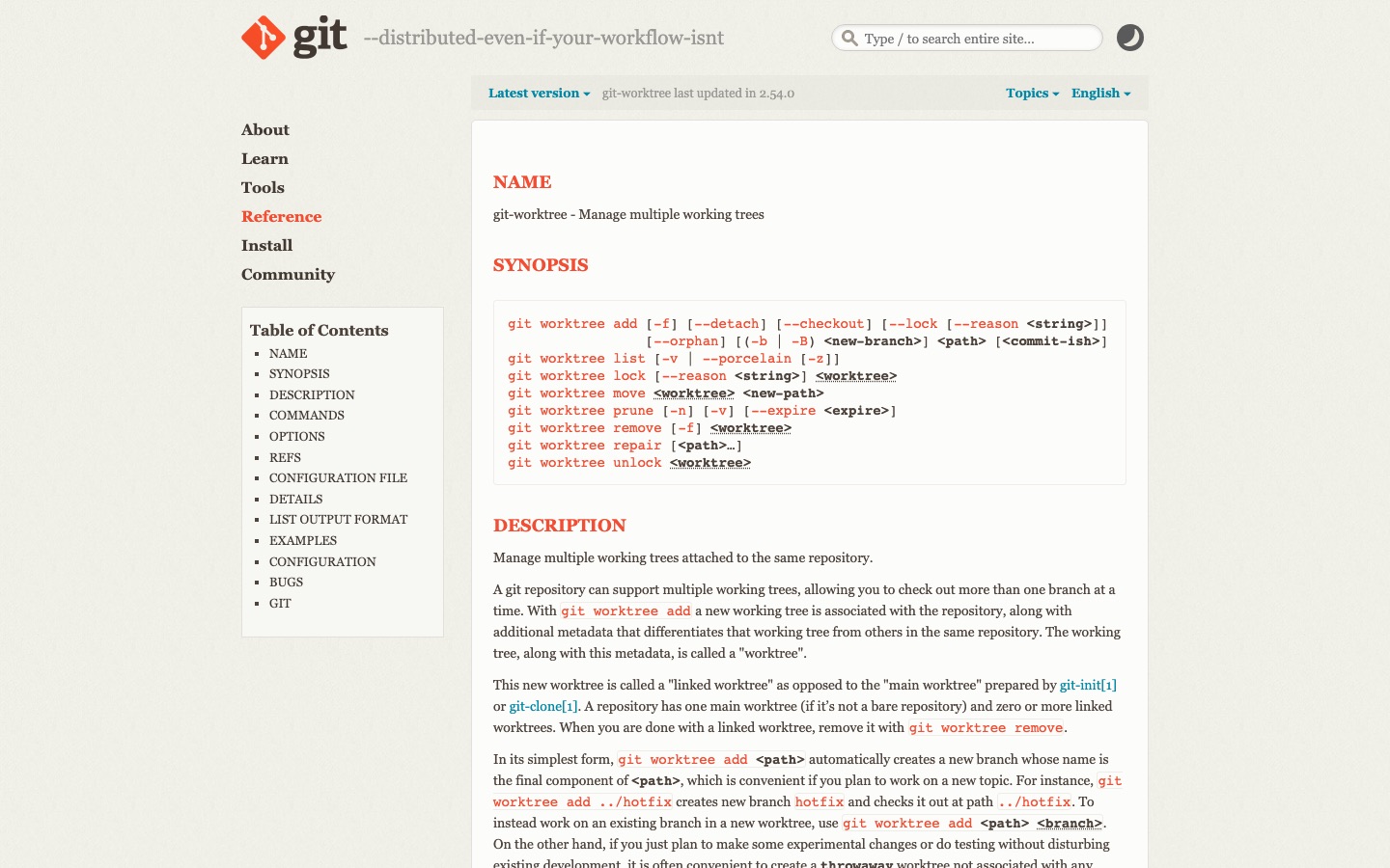 Official Git worktree documentation used as a reference for Our 20-Game Workflow