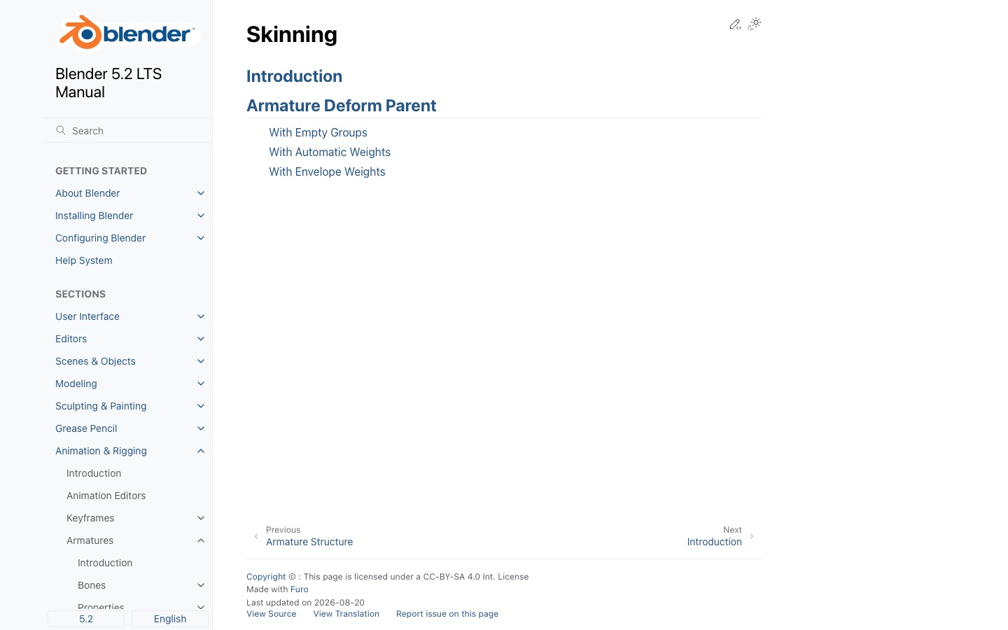 Official Blender armature skinning manual used as a reference for Animate 3D Models With AI