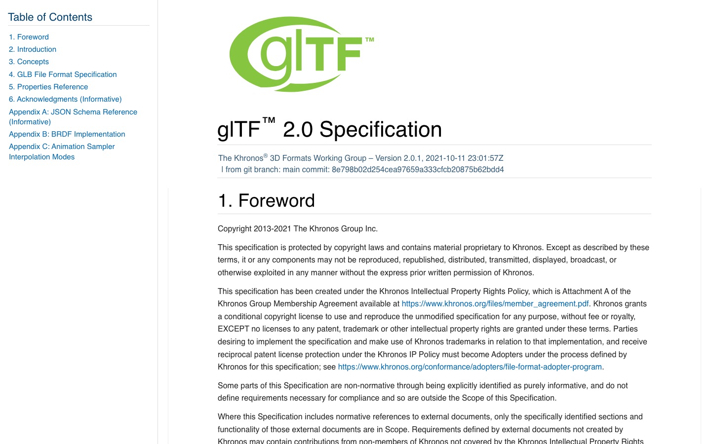 Official Khronos glTF 2.0 specification used as a reference for Blender Animation to GLB