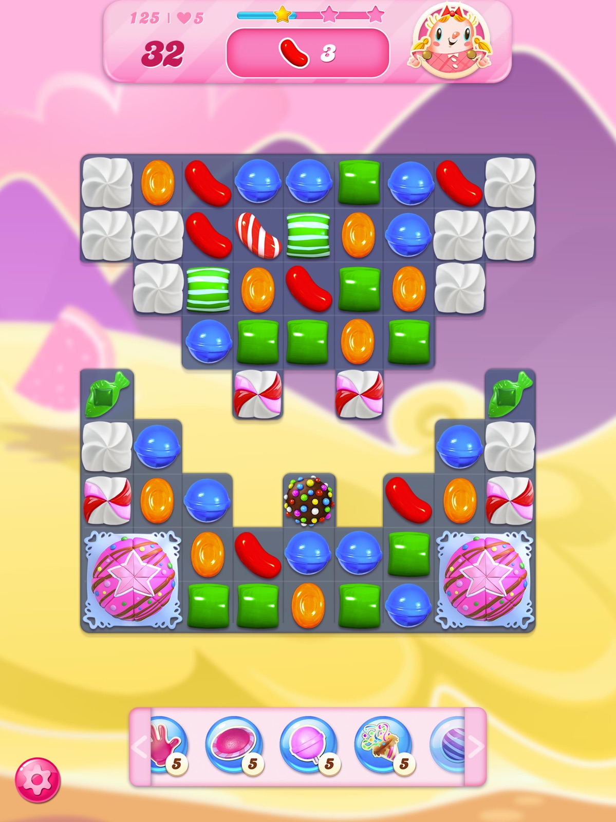 Official Candy Crush Saga gameplay board showing an irregular layout, blockers, goals, and move count