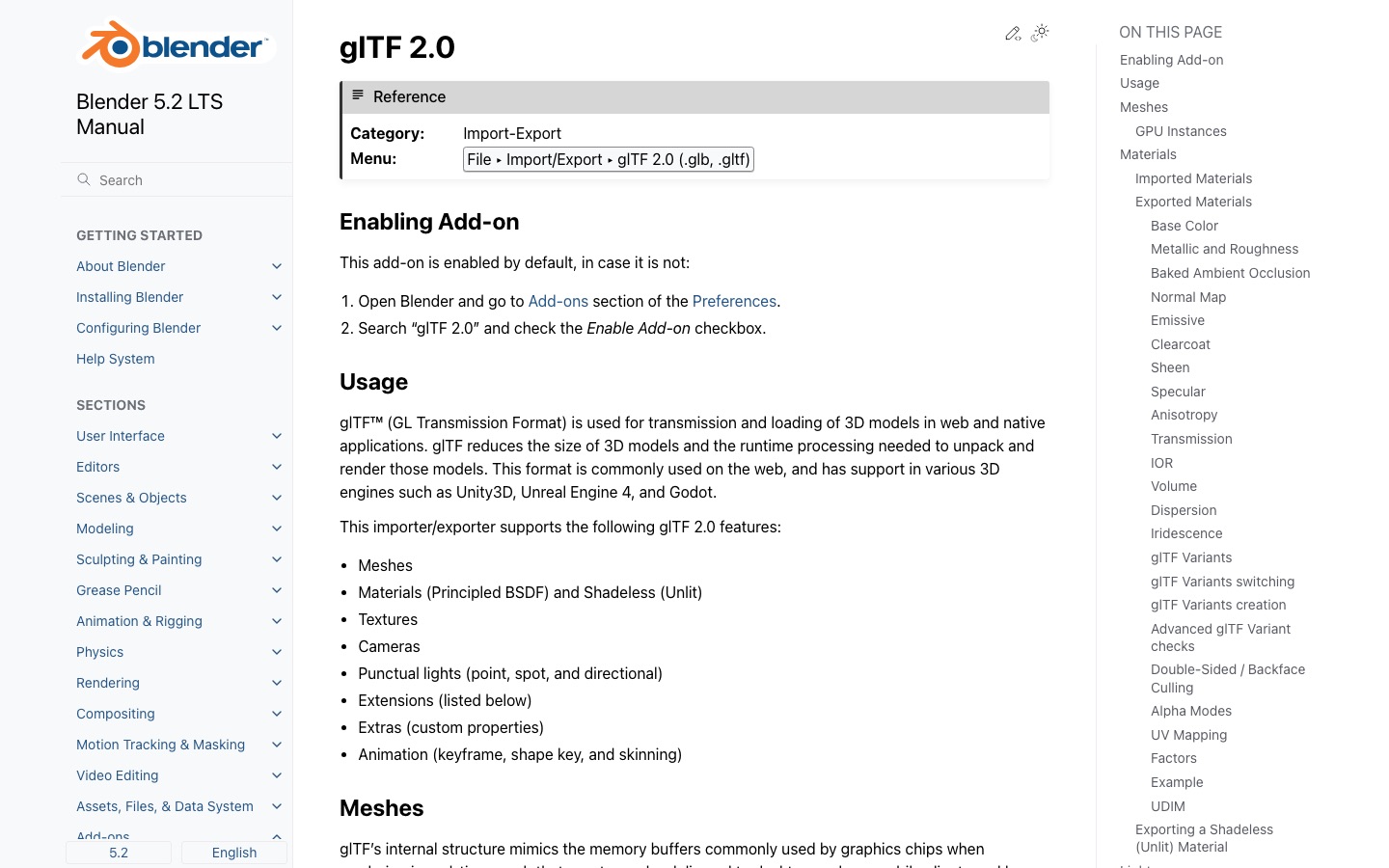Official Blender glTF 2.0 manual used as a reference for Concept Art to 3D Model