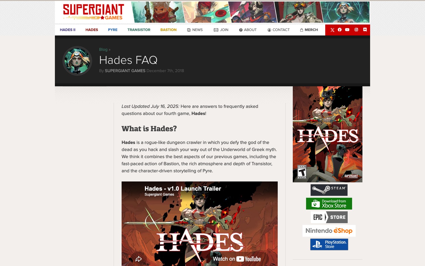 Official Supergiant Games: Hades FAQ used as a reference for Hades and Rewarding Failure