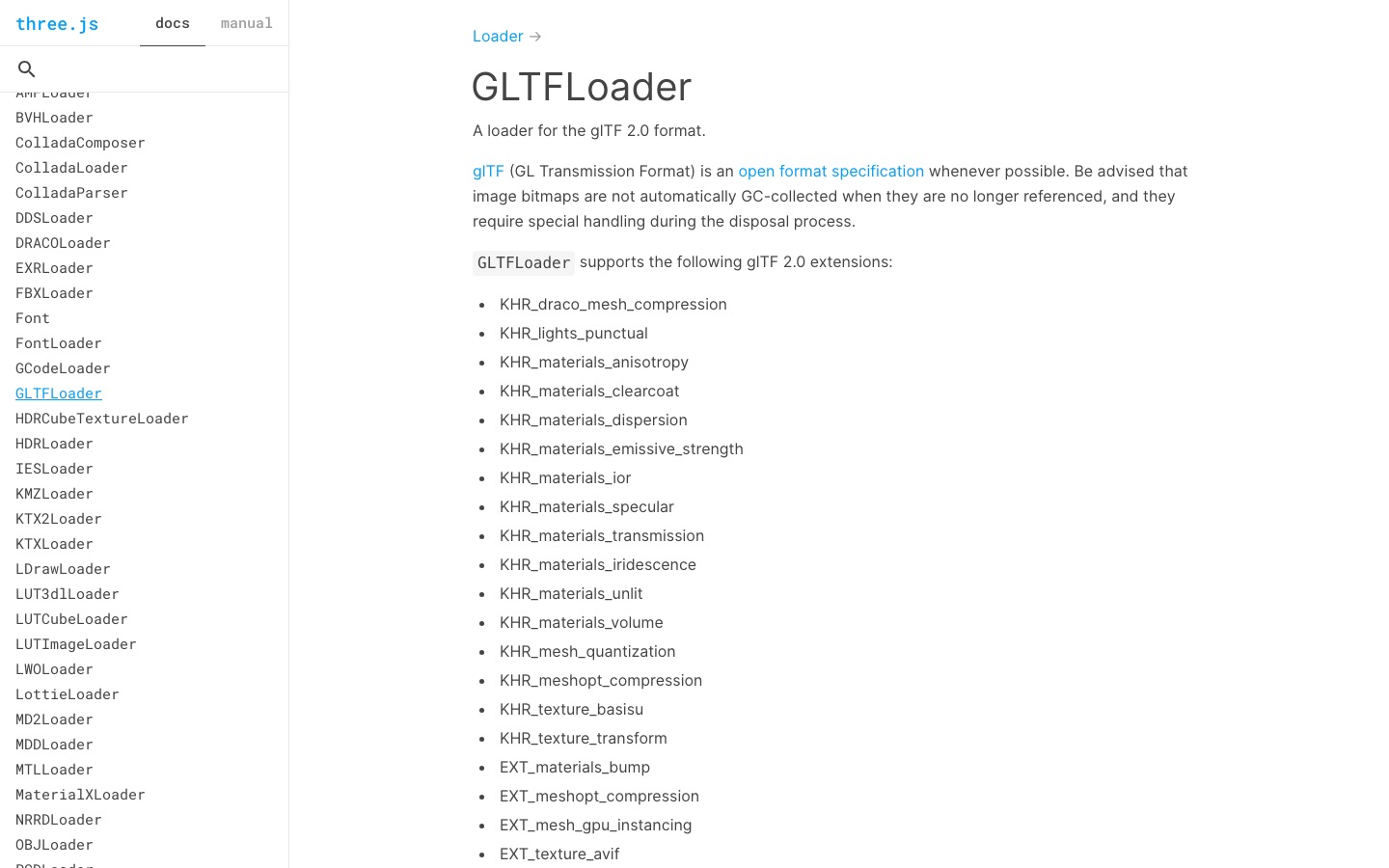 Official Three.js GLTFLoader documentation used as a reference for Optimize AI 3D Models