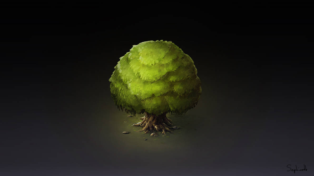 Low-poly stylized tree model isolated on a dark background for geometry inspection