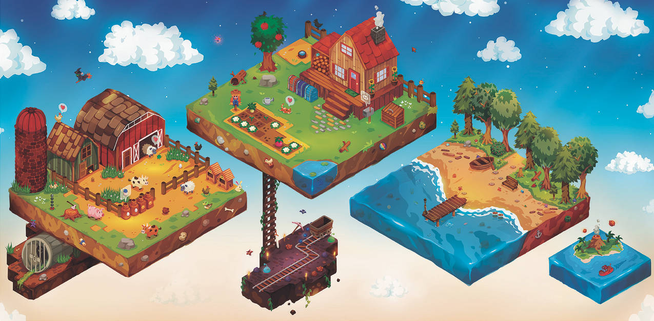 Modular fantasy level pieces showing landmarks, paths, and environment variations